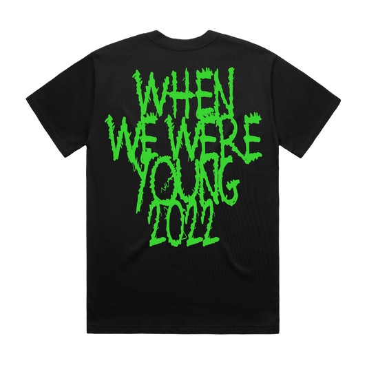 Black unisex short-sleeve regular fit T-shirt with green 'Bring Me the Horizon' text print across the front and green 'When We Were Young 2022' text print across the back.