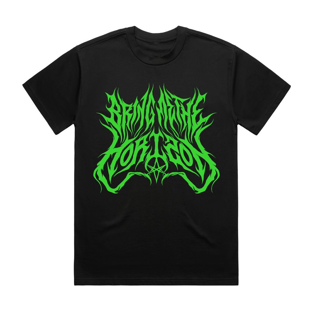 Black unisex short-sleeve regular fit T-shirt with green 'Bring Me the Horizon' text print across the front and green 'When We Were Young 2022' text print across the back.