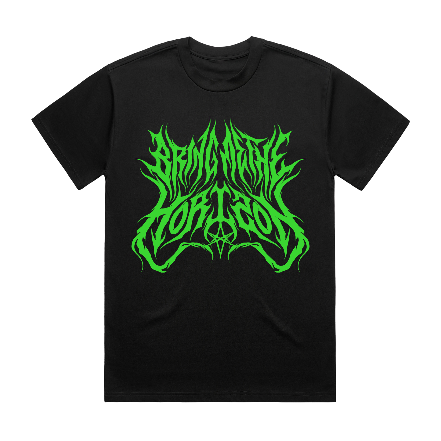 Black unisex short-sleeve regular fit T-shirt with green 'Bring Me the Horizon' text print across the front and green 'When We Were Young 2022' text print across the back.