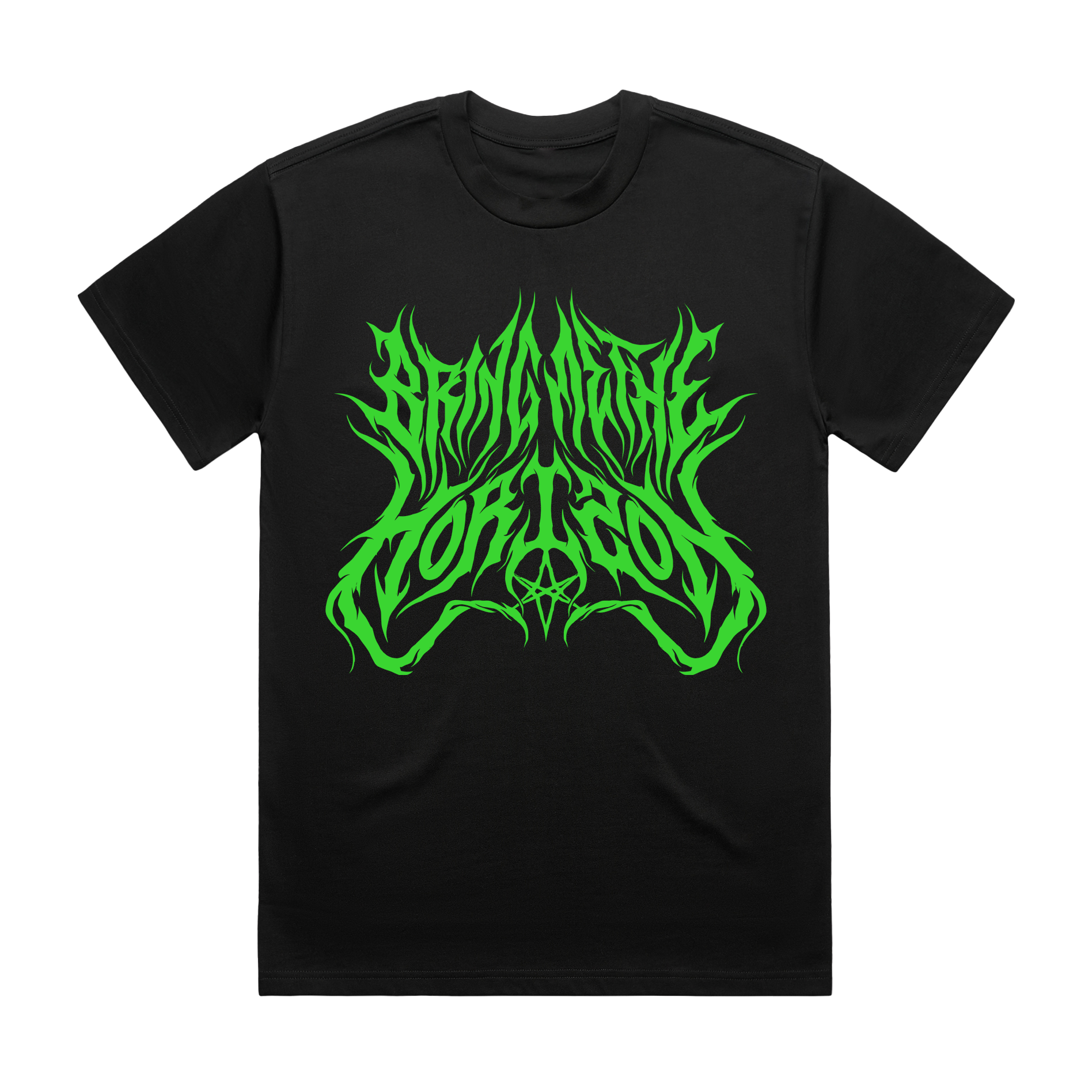 Black unisex short-sleeve regular fit T-shirt with green 'Bring Me the Horizon' text print across the front and green 'When We Were Young 2022' text print across the back.