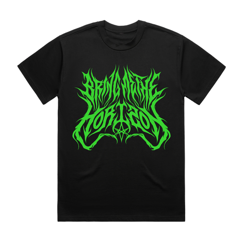 Black unisex short-sleeve regular fit T-shirt with green 'Bring Me the Horizon' text print across the front and green 'When We Were Young 2022' text print across the back.
