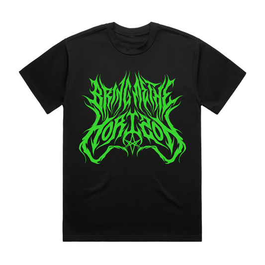 Black unisex short-sleeve regular fit T-shirt with green 'Bring Me the Horizon' text print across the front and green 'When We Were Young 2022' text print across the back.