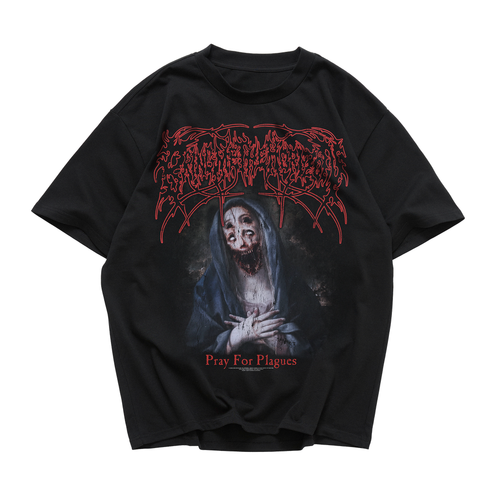 A black short-sleeve graphic t-shirt featuring a dark, horror-themed print with a screaming face in a blue robe, a red jagged logo above, and 'Pray For Plagues' written in red at the bottom.