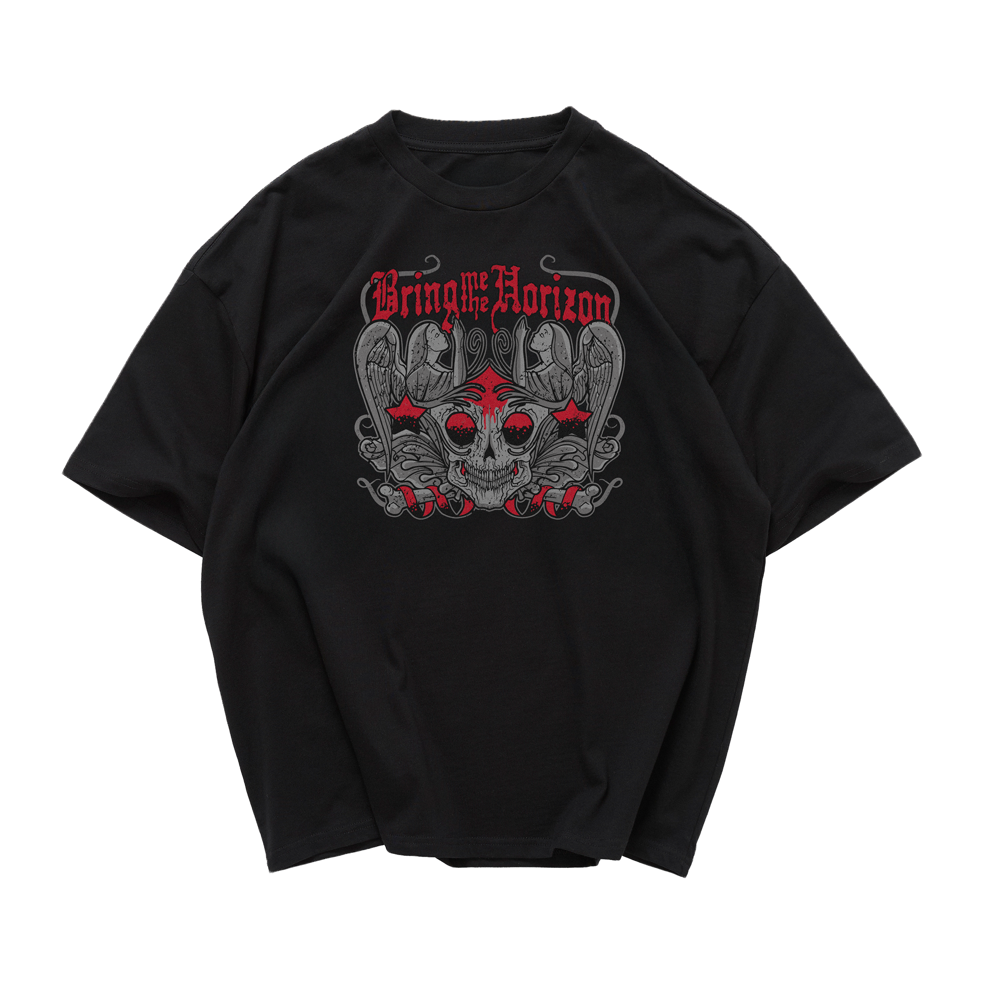 A black short-sleeve t-shirt with a large graphic print on the front featuring a skull, wings, and the text 'Bring It To Horizon' in red and gray.