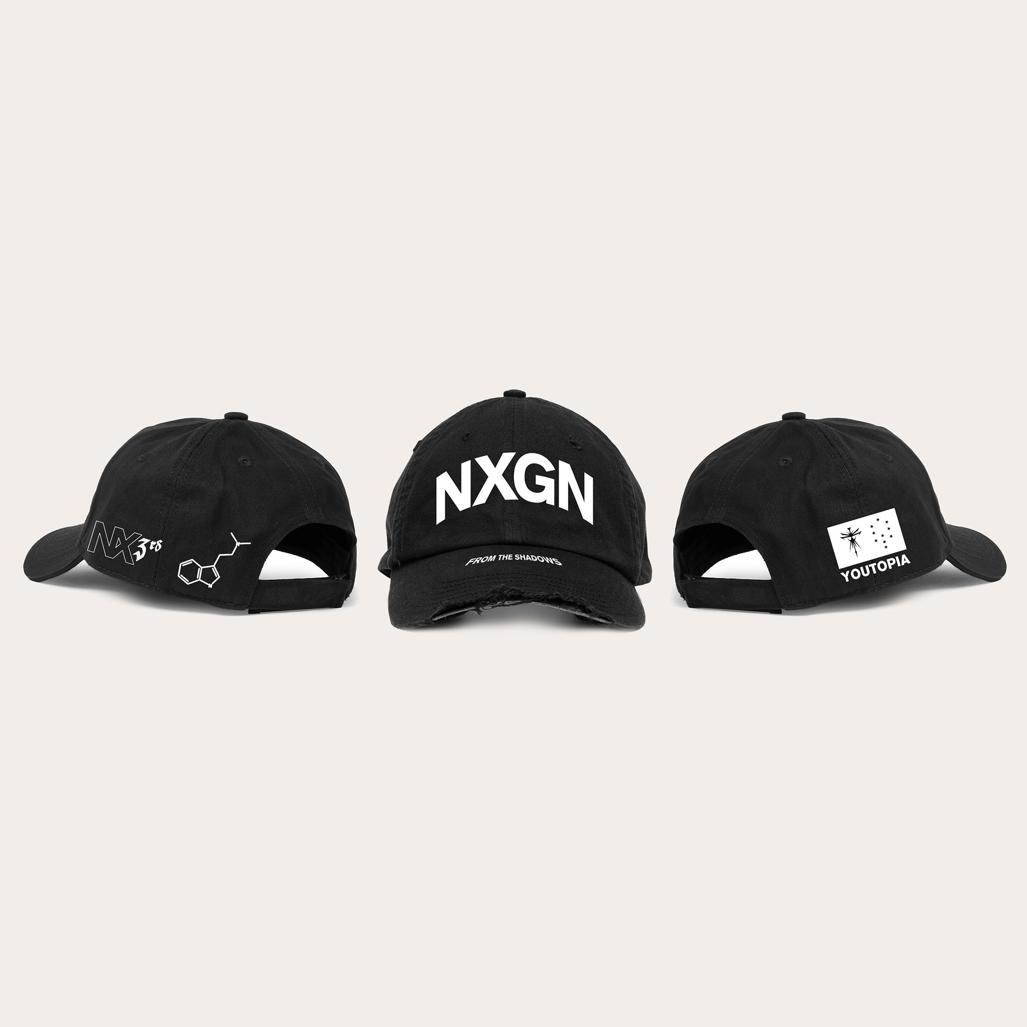 Front and side view of a black cap with NXGN text print across the front, and BMTH youtopia and NXGN prints across the sides. 