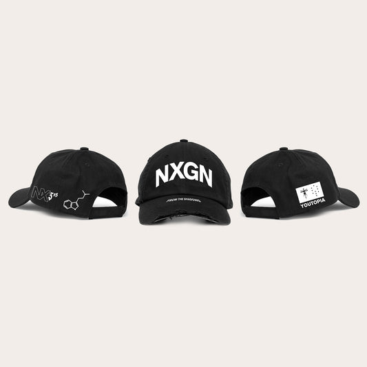Front and side view of a black cap with NXGN text print across the front, and BMTH youtopia and NXGN prints across the sides. 