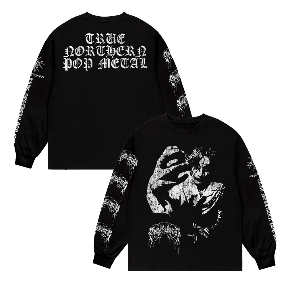 Black unisex regular fit crewneck with white Bring Me the Horizon print across the front and sleeves, and 'True Northern Pop Metal' text print across the back.