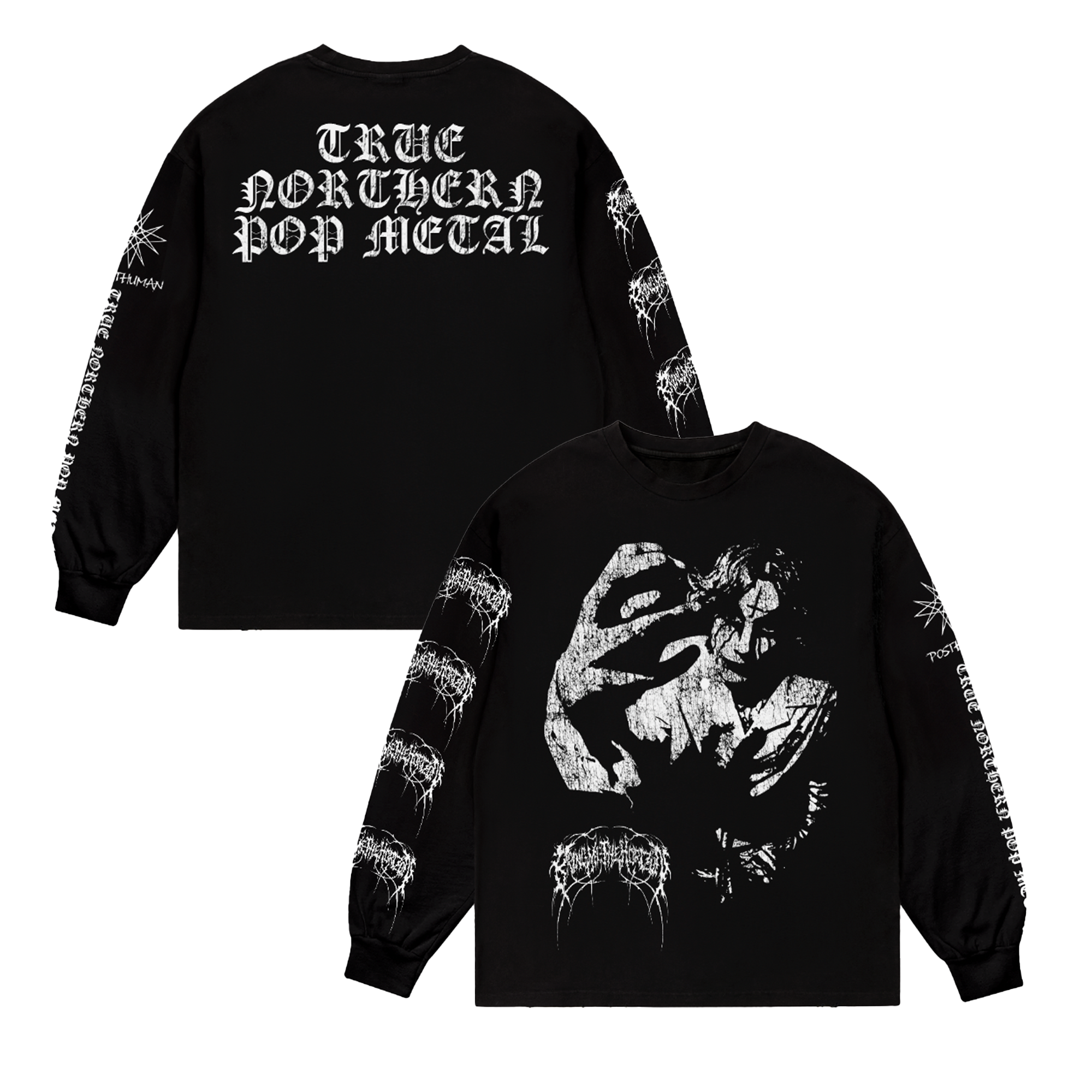 Black unisex regular fit crewneck with white Bring Me the Horizon print across the front and sleeves, and 'True Northern Pop Metal' text print across the back.