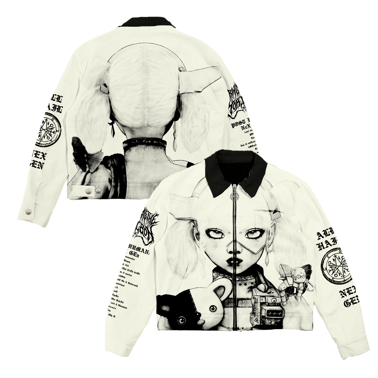 White unisex canvas jacket with Bring Me the Horizon NeX GEn character print across the front, back, and sleeves.