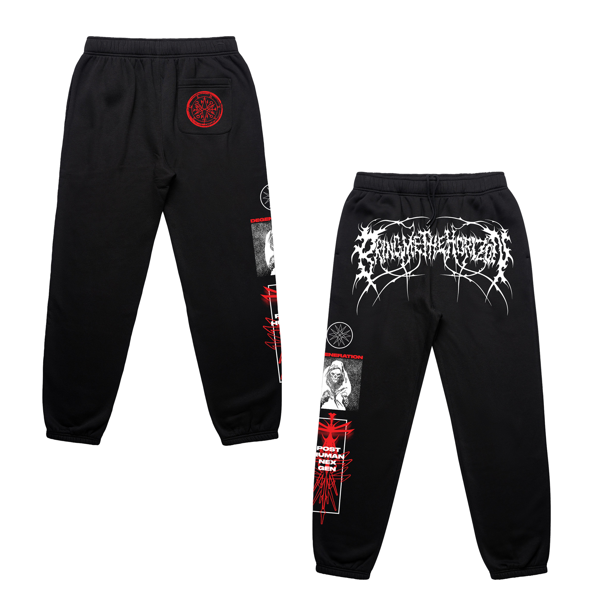 Black unisex joggers with Bring me The Horizon prints across the legs