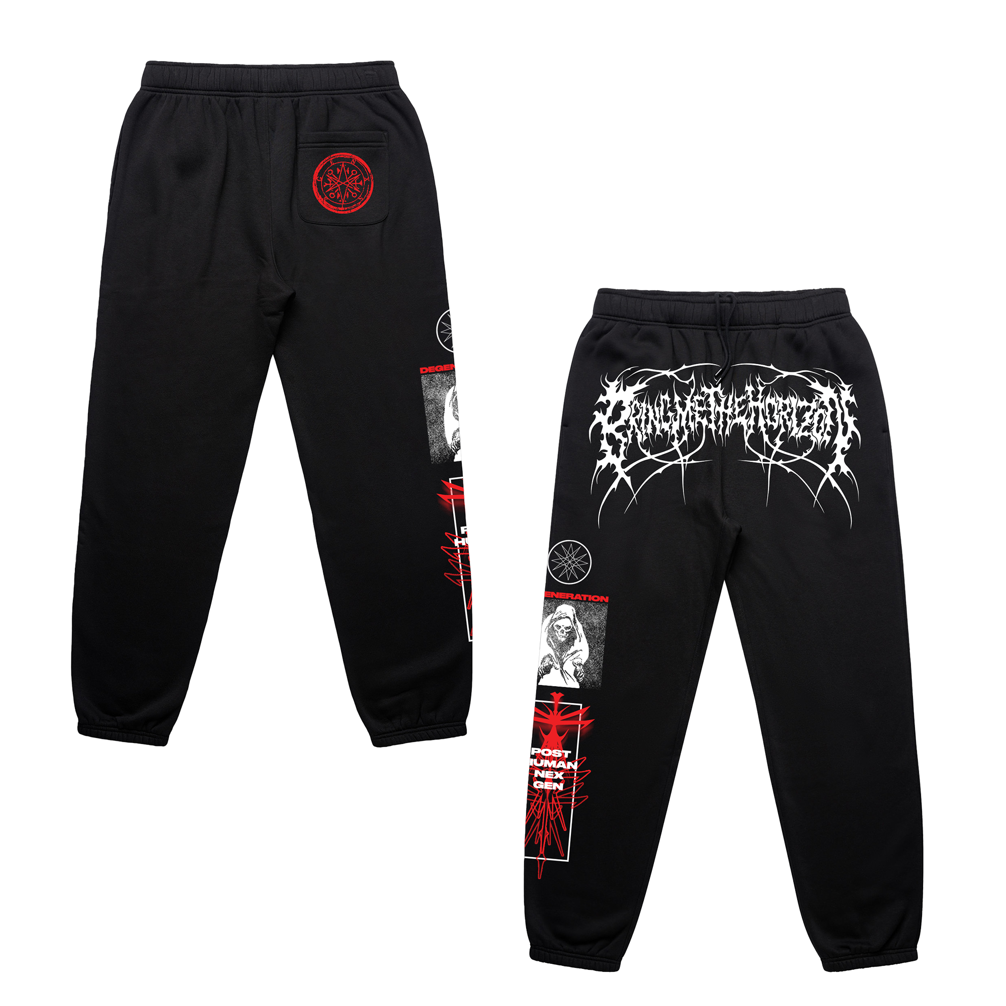Black unisex joggers with Bring me The Horizon prints across the legs