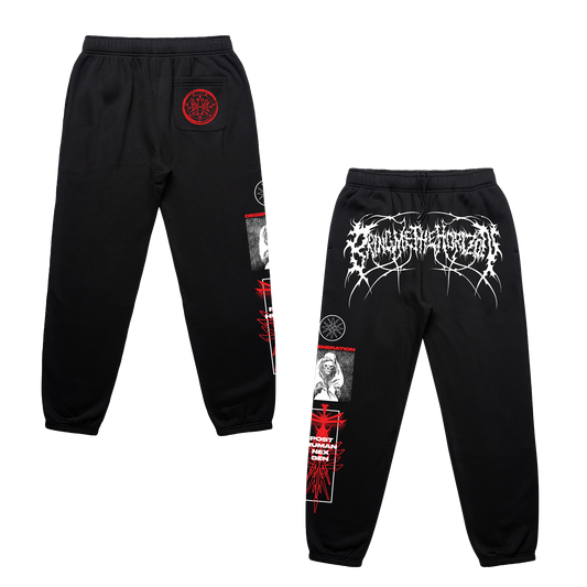Black unisex joggers with Bring me The Horizon prints across the legs