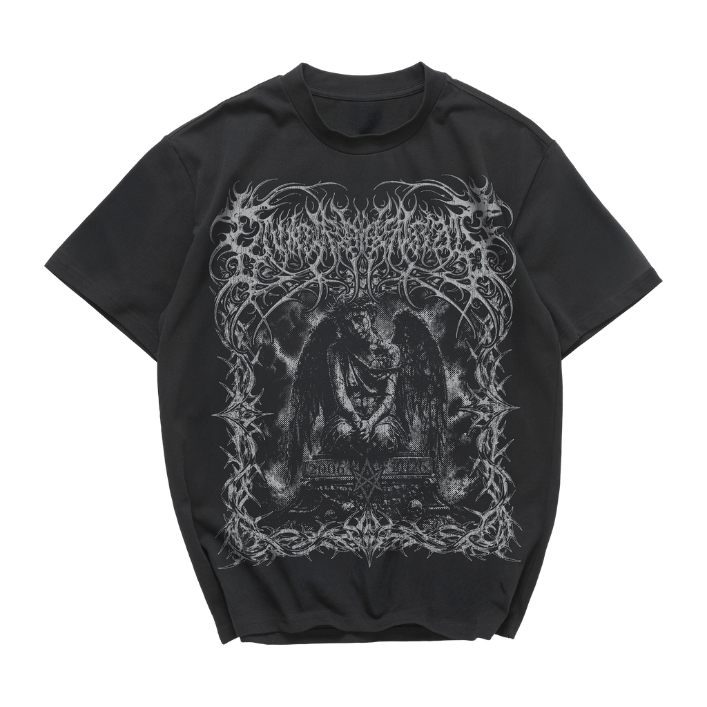 A black short-sleeve t-shirt with a large, detailed white and gray graphic print on the front, featuring a gothic illustration and the word 'MORTAL' in a stylized font, displayed against a solid white background.